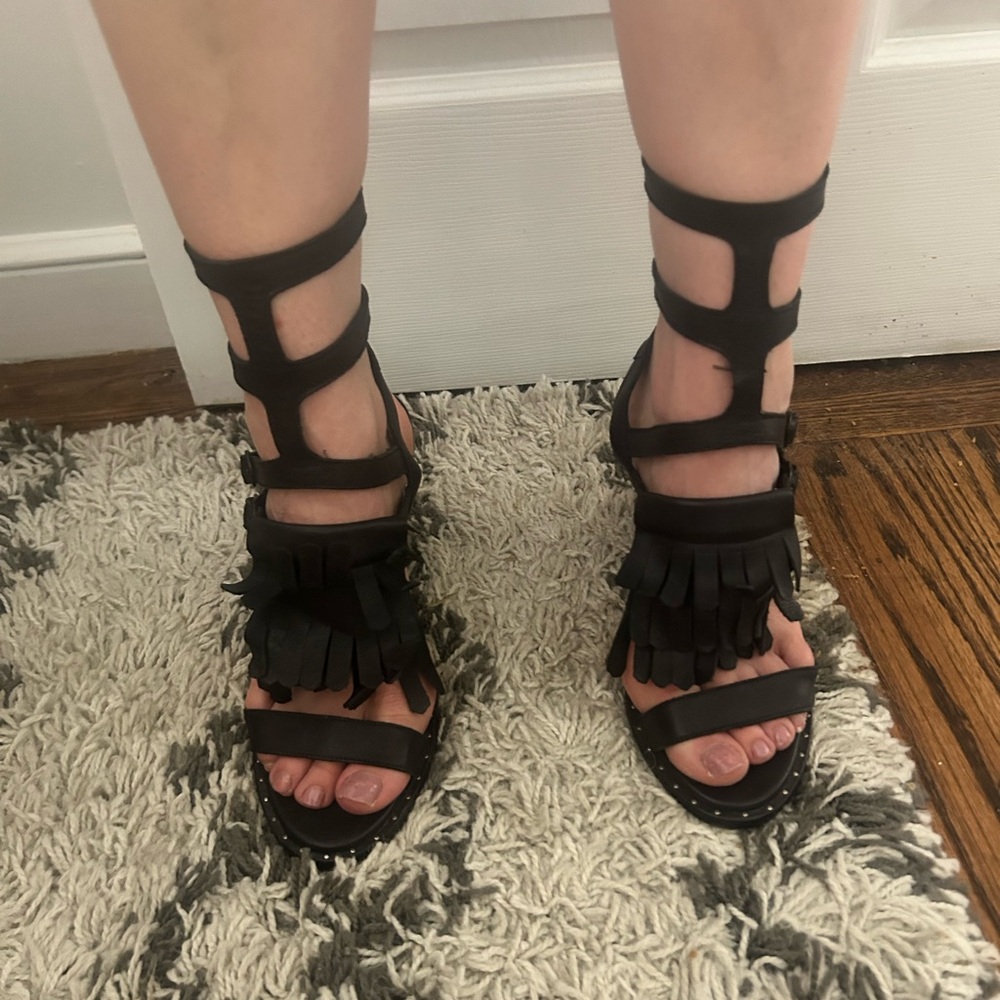 Freda Salvador Black Gladiator Sandals with Fringe